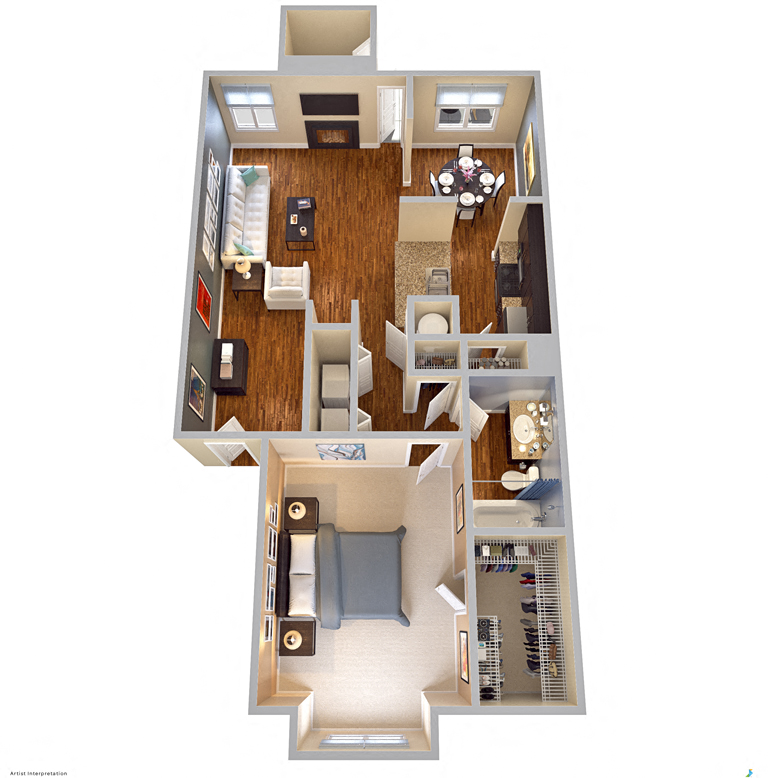 Floor plan for 1 bed, 1 bath, 758 sqft